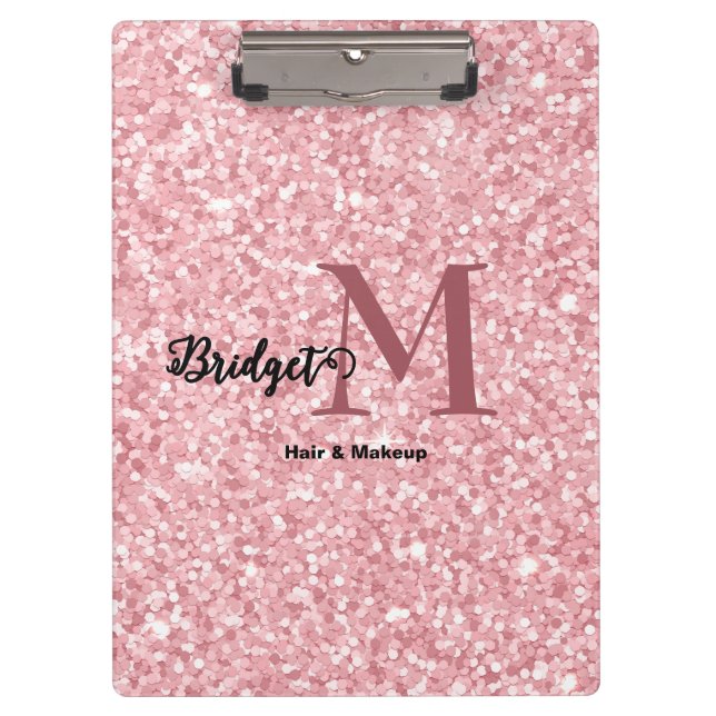 Blush Pink glitter Monogram hair and makeup Clipboard (Front)