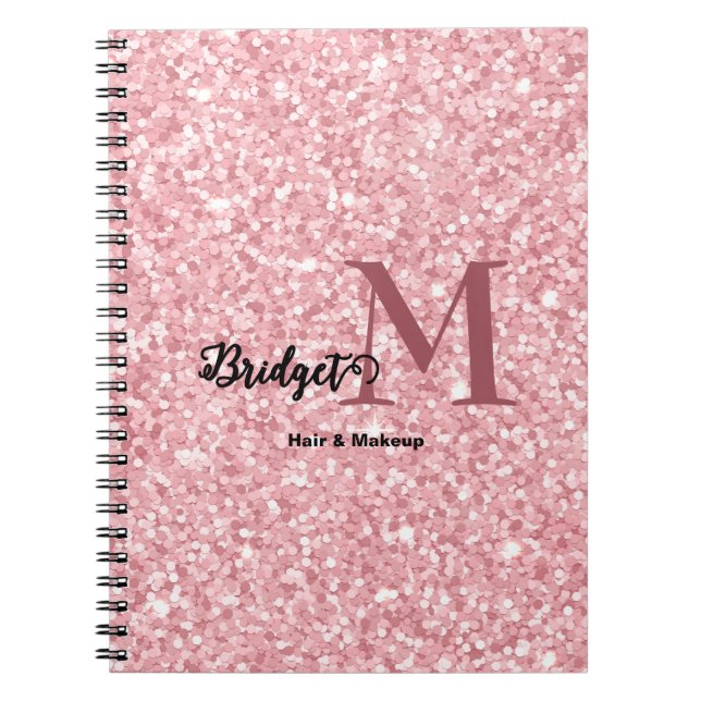 Blush Pink glitter Monogram hair and makeup Notebook (Front)