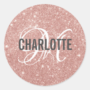 Blush pink glitter monogram name Classic Round Sticker