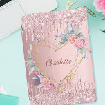 Blush pink glitter monogram name iPad pro cover<br><div class="desc">A blush pink metallic looking background. Faux glitter drips,  paint dripping look as decoration. A golden heart decorated with pink flowers.  Personalise and add a name. The name is written a modern dark rose gold coloured hand lettered script.</div>