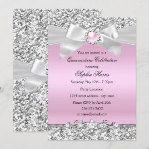 Blush Pink Glitter Pearl Bow Quinceanera Birthday Invitation