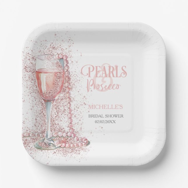 Blush Pink Glitter Pearls and Prosecco Thank You Paper Plate (Front)