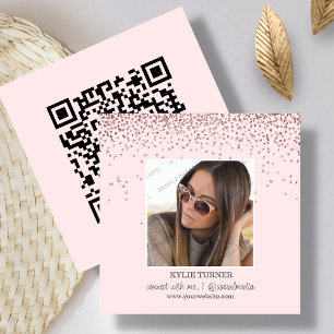 Blush Pink Glitter   Photo Social Media QR Code   Square Business Card