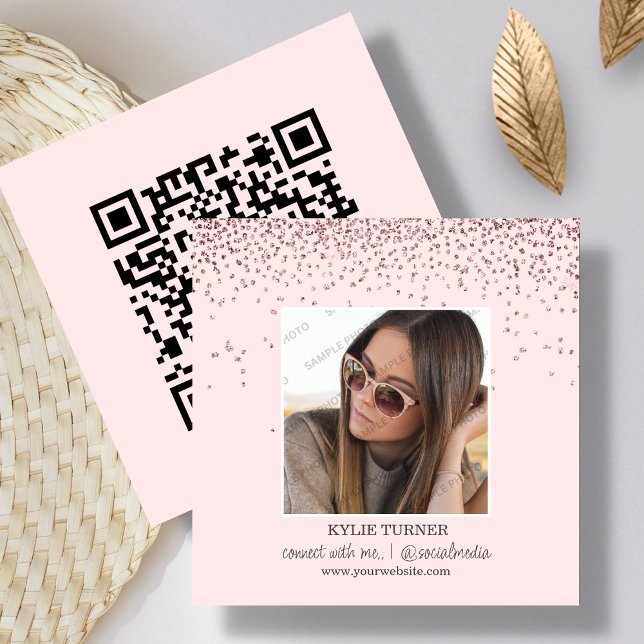 Blush Pink Glitter | Photo Social Media QR Code   Square Business Card (Creator Uploaded)