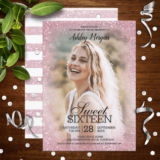 Blush Pink Glitter Photo Template Sweet 16 Party