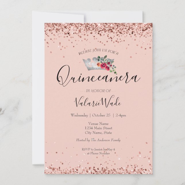 Blush Pink Glitter Quinceanera Budget Invitation (Front)