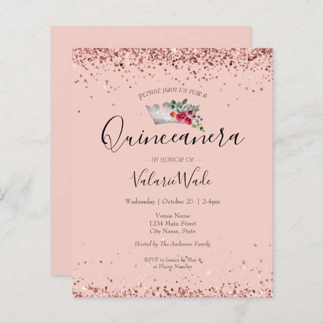 Blush Pink Glitter Quinceañera Budget Invitation (Front/Back)