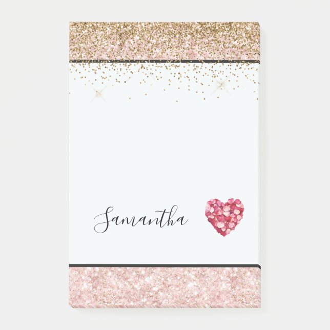  Blush Pink Glitter Red Rose Petals Heart Post-it Notes (Front)