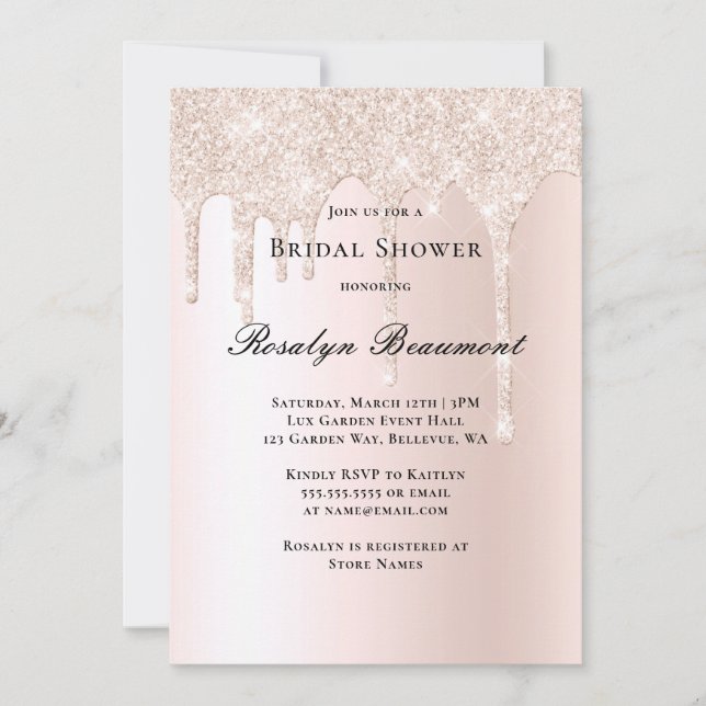 Blush Pink Glitter Rose Champagne Bridal Shower Invitation (Front)