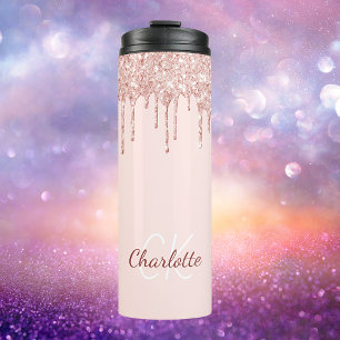 Blush pink glitter rose gold monogram name thermal tumbler