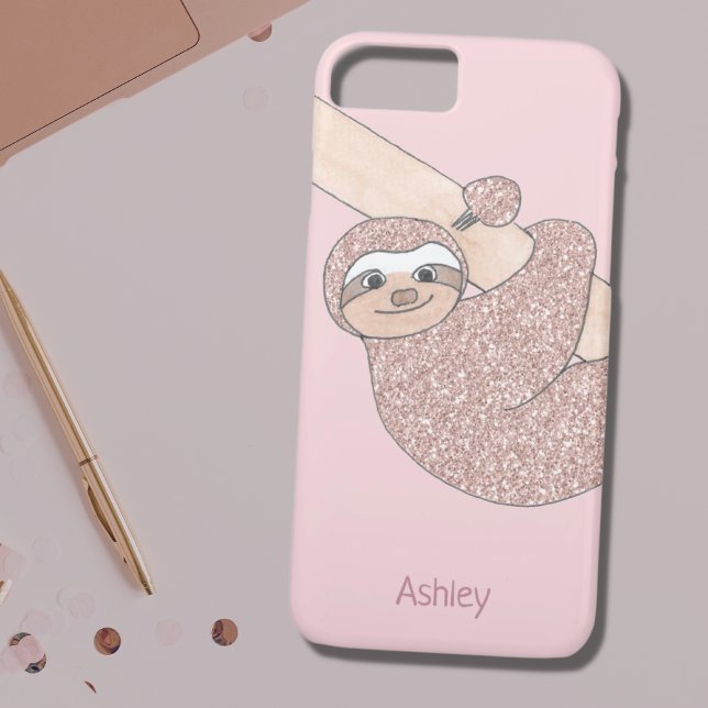 Blush Pink Glitter Sloth Name Monogram Girly Case-Mate iPhone Case (Creator Uploaded)