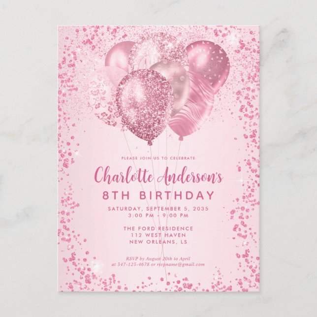 Blush Pink Glitter Sparkle Balloon Kids Birthday Postcard (Front)