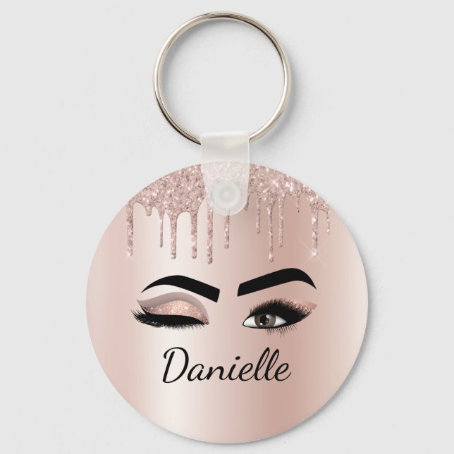 Blush Pink Glitter Sparkle Eyelashes Monogram Name Key Ring (Front)