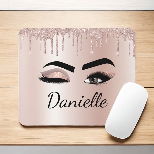 Blush Pink Glitter Sparkle Eyelashes Monogram Name Mouse Mat (Creator Uploaded)