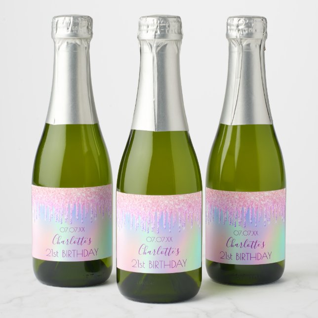 Blush pink glitter sparkle holographic birthday  sparkling wine label (Bottles)