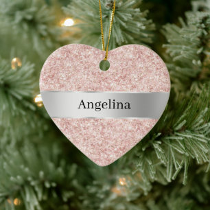 Blush Pink Glitter Sparkle Silver Ribbon Christmas Ceramic Tree Decoration