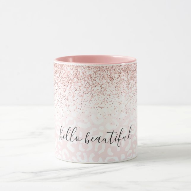 Blush Pink Glitter Sparkle White Leopard Print  Mug (Center)