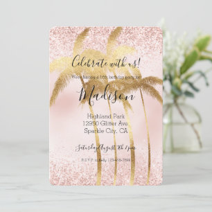 Blush Pink Glitz Glitter Gold Palm Trees Invitation