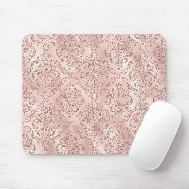 Blush Pink Glitzy Glitter Damask Mouse Mat (With Mouse)