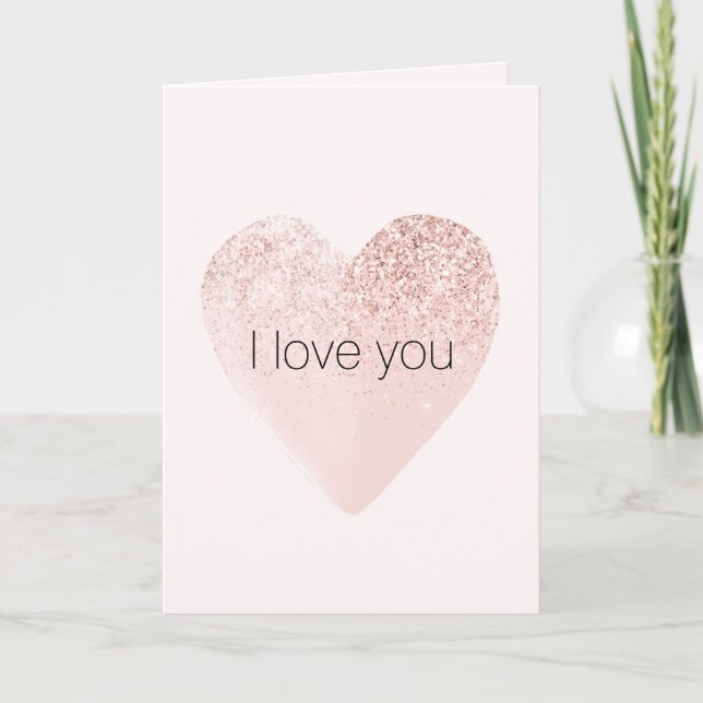 Blush Pink Glitzy Glitter Heart Watercolor Card (Front)