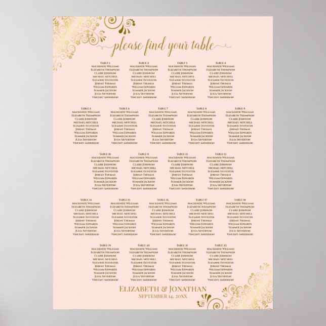 Blush Pink & Gold 22 Table Wedding Seating Chart (Front)