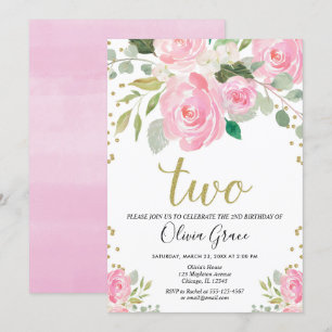 Blush pink gold 2nd birthday floral girl birthday invitation