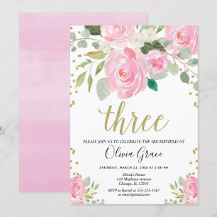 Blush pink gold 3rd birthday floral girl birthday invitation