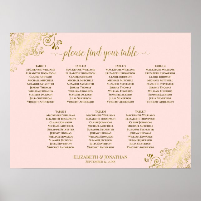 Blush Pink & Gold 7 Table Wedding Seating Chart (Front)