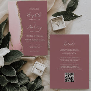 Blush Pink Gold Agate Dusty Rose QR Code Wedding Invitation