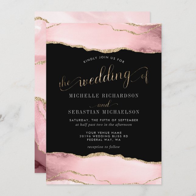 Blush Pink Gold Agate Elegant Watercolor Wedding Invitation (Front/Back)