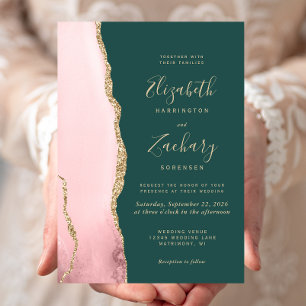 Blush Pink Gold Agate Emerald Green Wedding Invitation