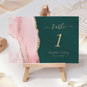 Blush Pink Gold Agate Emerald Green Wedding Table Number