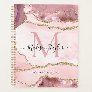 Blush Pink Gold Agate Geode Monogram Script Name Planner
