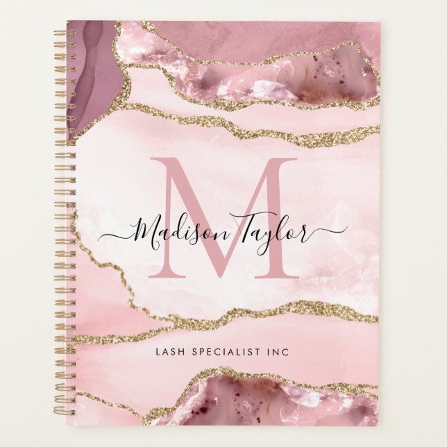 Blush Pink Gold Agate Geode Monogram Script Name Planner (Front)