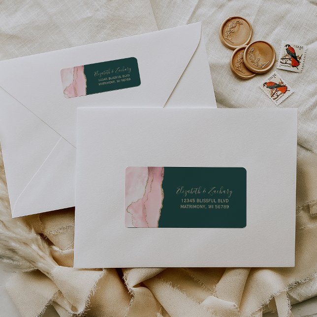 Blush Pink Gold Agate Green Wedding Return Address (Creator Uploaded)