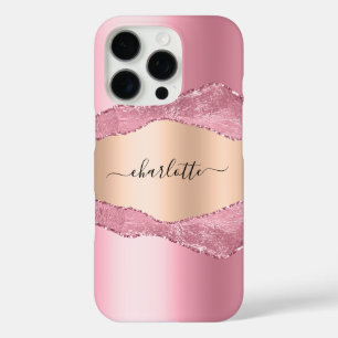 Blush pink gold agate marble name iPhone 16 pro case