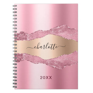Blush pink gold agate marble name notebook