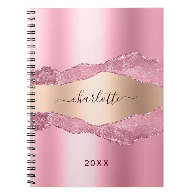 Blush pink gold agate marble name notebook (Front)