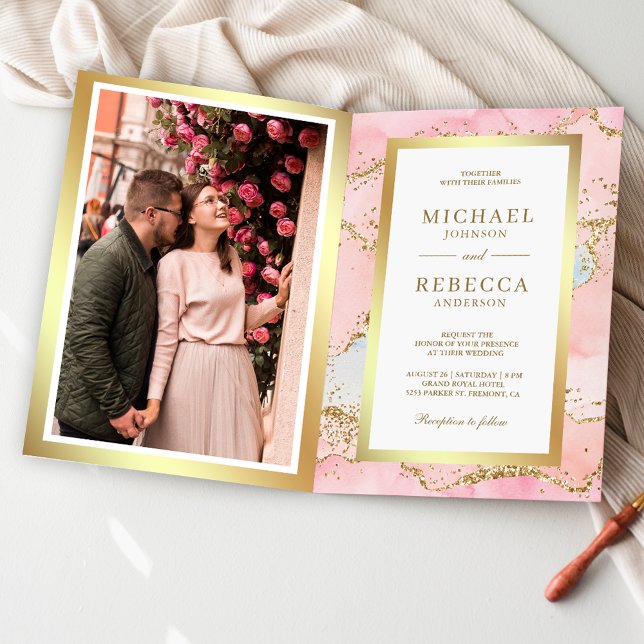 Blush Pink Gold Agate Marble QR Code Wedding Invitation (Creator Uploaded)