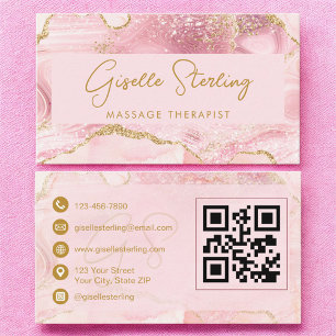 Blush Pink Gold Agate Massage Therapist QR Code Business Card
