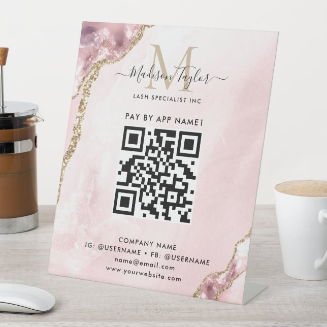 Blush Pink Gold Agate Monogram Scan to Pay QR Code Pedestal Sign (In SItu)