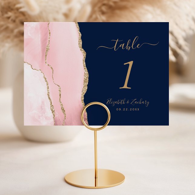 Blush Pink Gold Agate Navy Blue Wedding Table Number (Creator Uploaded)