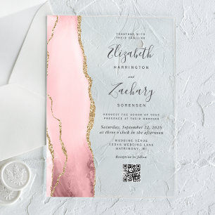 Blush Pink Gold Agate QR Code Wedding Acrylic Invitations