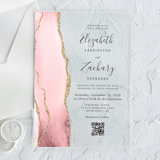 Blush Pink Gold Agate QR Code Wedding Acrylic Invitations (Creator Uploaded)