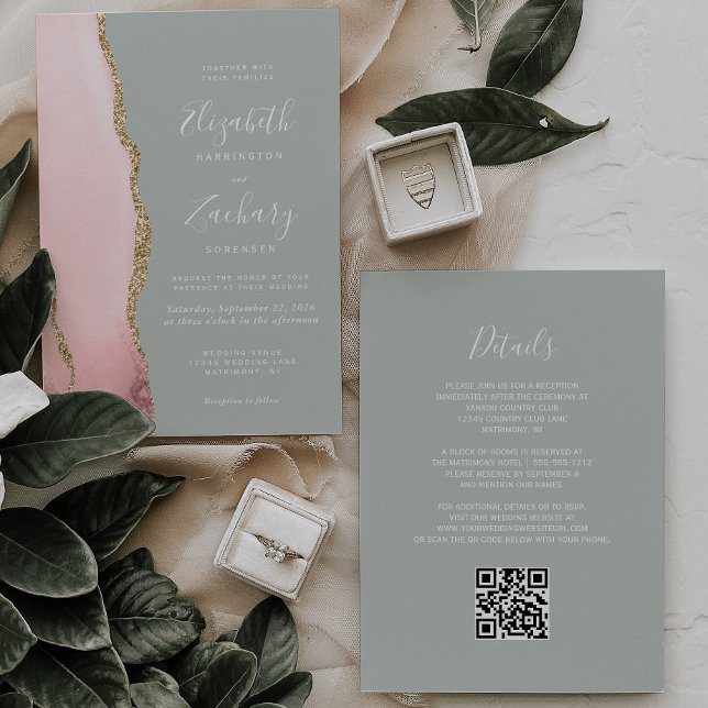 Blush Pink Gold Agate Sage Green QR Code Wedding Invitation (Creator Uploaded)