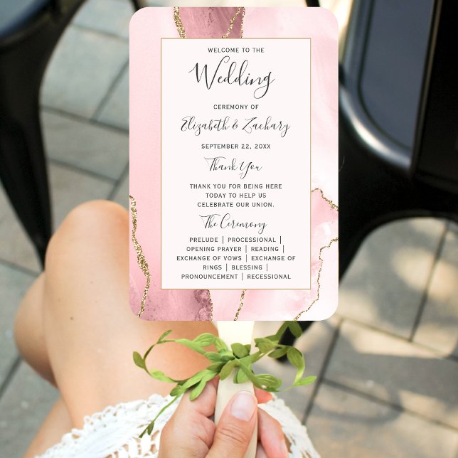 Blush Pink Gold Agate Wedding Program Hand Fan (Creator Uploaded)