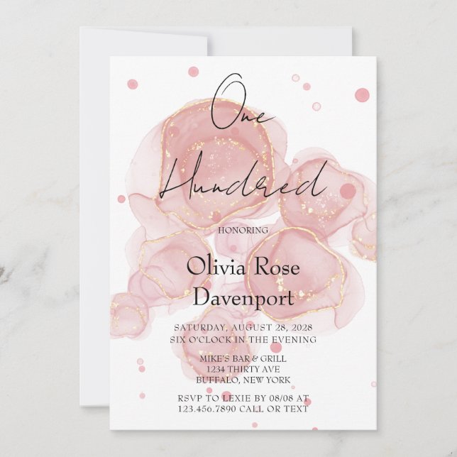 Blush Pink Gold Alcohol Ink 100th Birthday Party Invitation (Front)