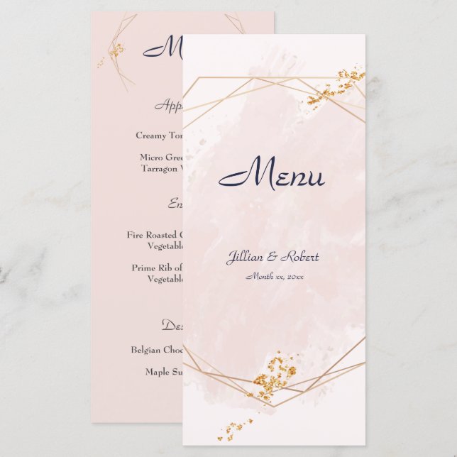 Blush Pink, Gold and Navy, Wedding Menu (Front/Back)