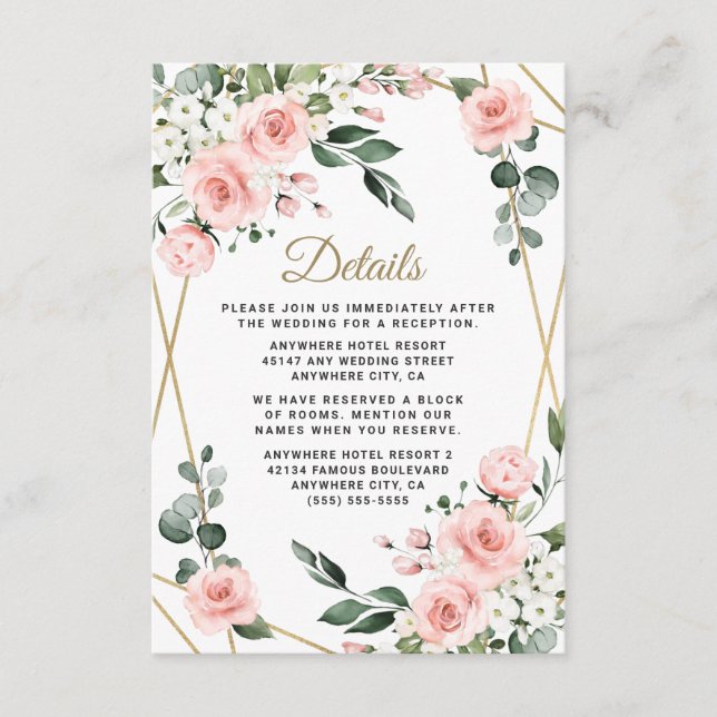 Blush Pink Gold and White Floral Greenery Wedding Enclosure Card (Front)