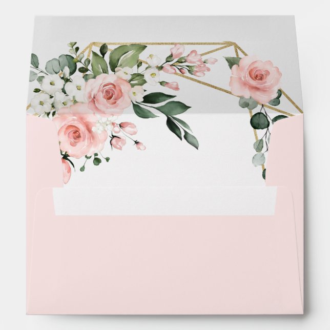 Blush Pink Gold and White Floral Greenery Wedding Envelope (Back (Bottom))